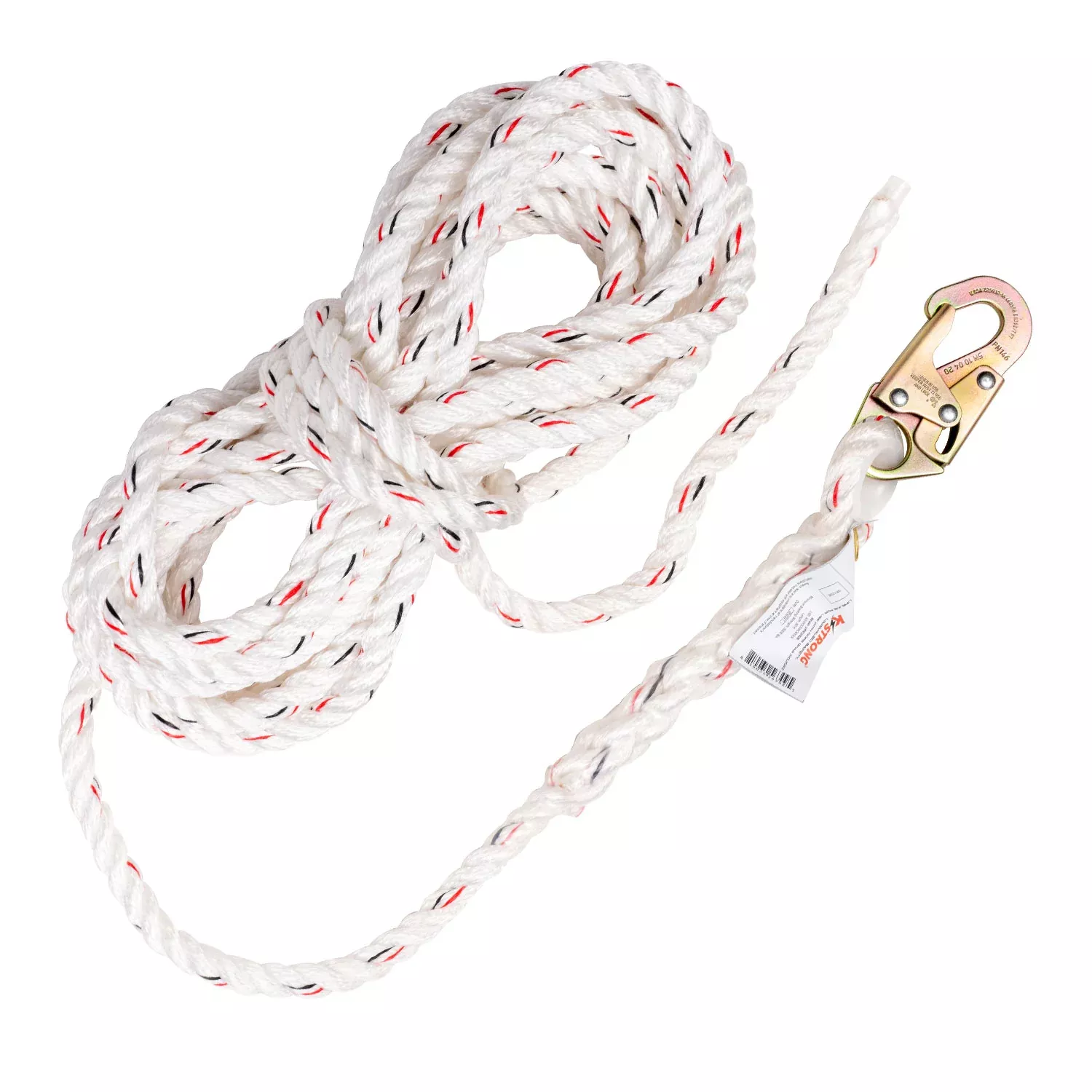 K Strong 50' Vertical White Polydac Rope Lifeline w/ Locking Snap Hook UFR200050