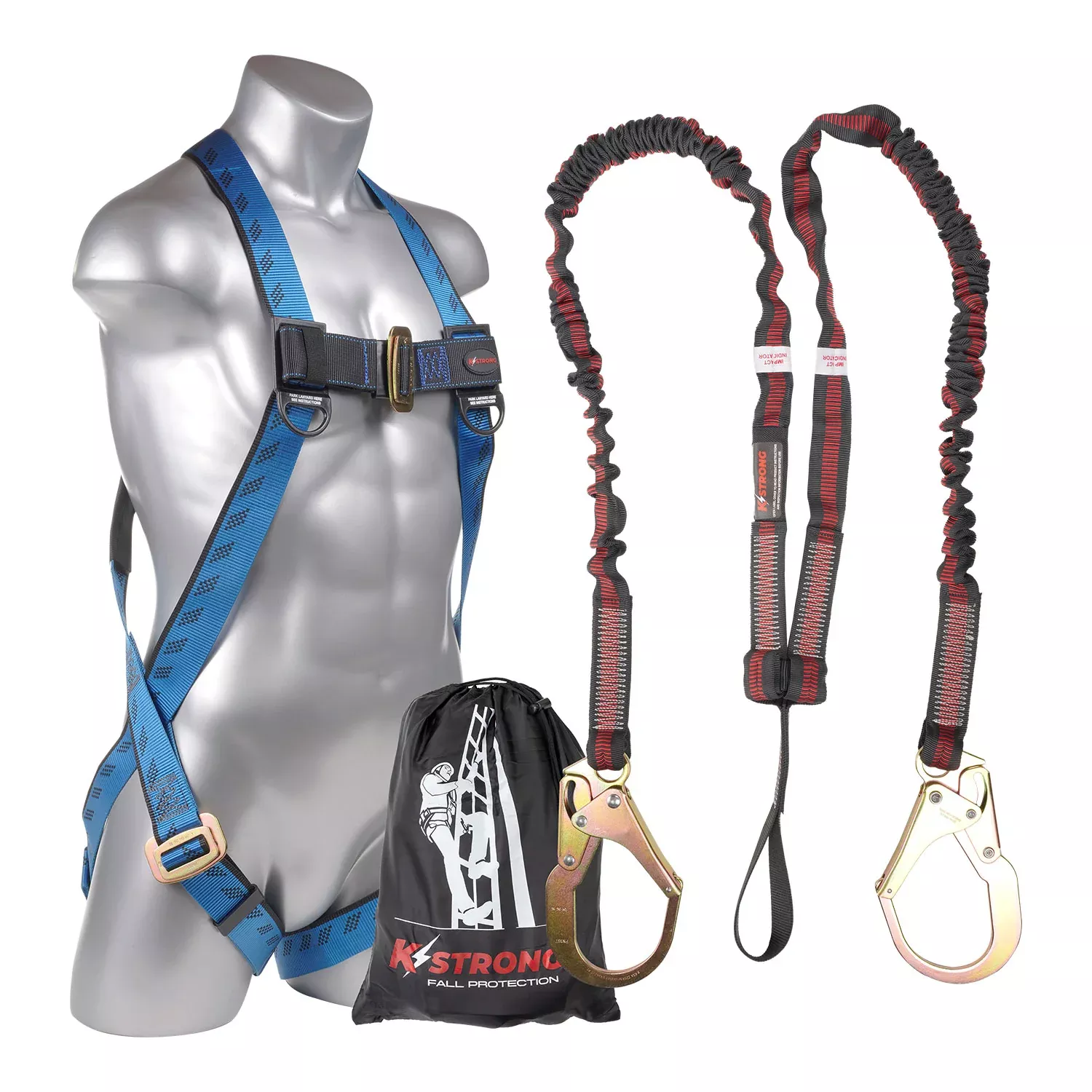 K Strong Kapture Essential 3-Point Full Body Harness, Dorsal D-ring, MB Legs, 6' Twin Leg Internal Design SAL w/ Loop and Rebar Hooks, Storage Bag (S-L) UFK10025(S-L)