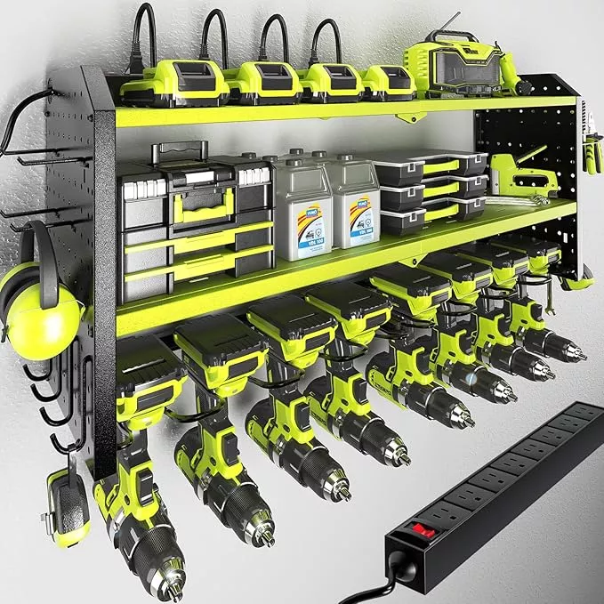 KAFAHOM Power Tool Organizer with Charging Station, Built in 8 Outlet Power Strip, Large 8 Drill Holder Wall Mount, Heavy Duty Metal Power Tool Storage Rack Tool Shelf for Garage Organization Red