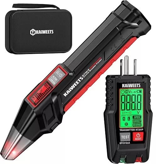 KAIWEETS Circuit Breaker Finder with LCD Display, GFCI Outlet Tester, Electrical Circuit Tracer Tool with NCV Test & Flashlight, Includes Carrying Case and Adapters- KT301P