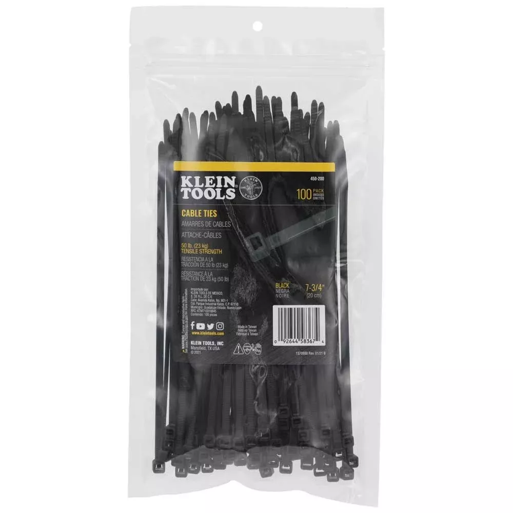 Klein Tools 450-200 Cable Ties, Zip Ties, 50-Pound Tensile Strength, 7.75-Inch, Black