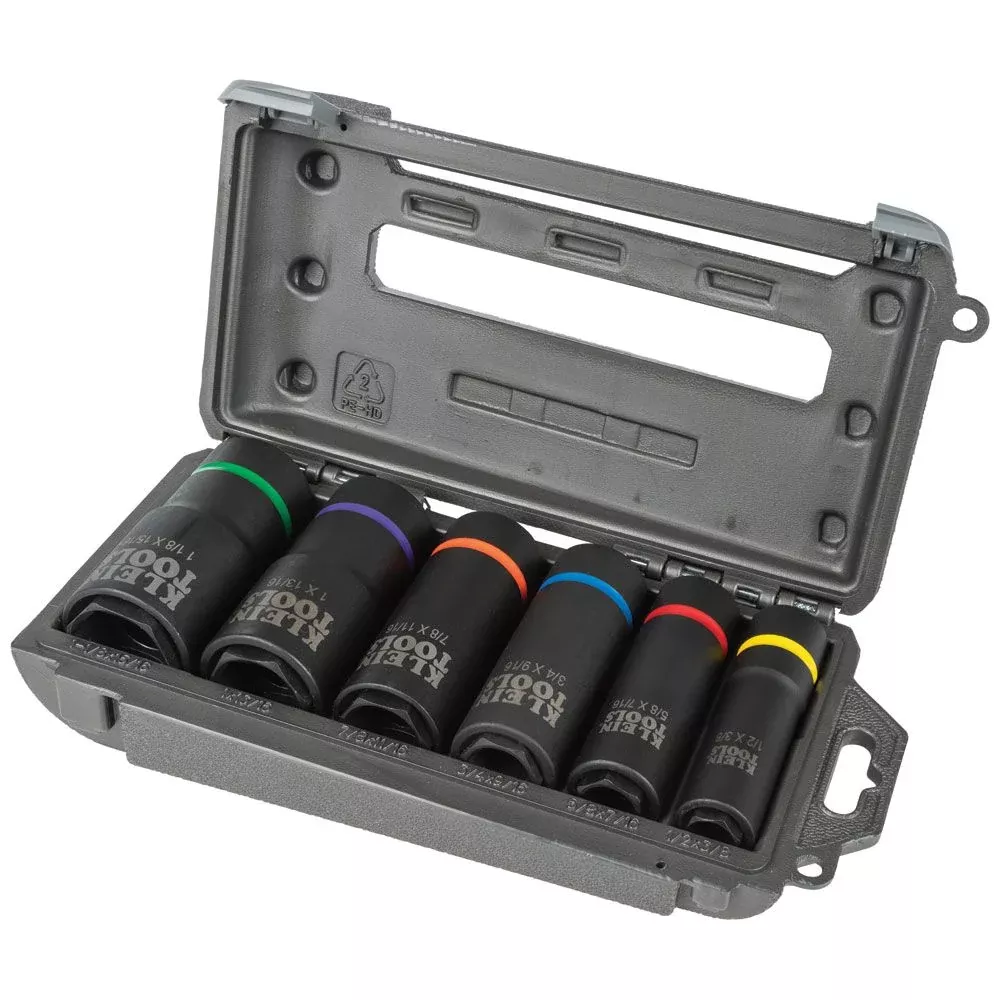 Klein Tools 66060 2-in-1 Impact Socket Set, 6-Piece Tool Set with 6-Point Deep Sockets with 1/2-Inch Drive, Includes Tool Case