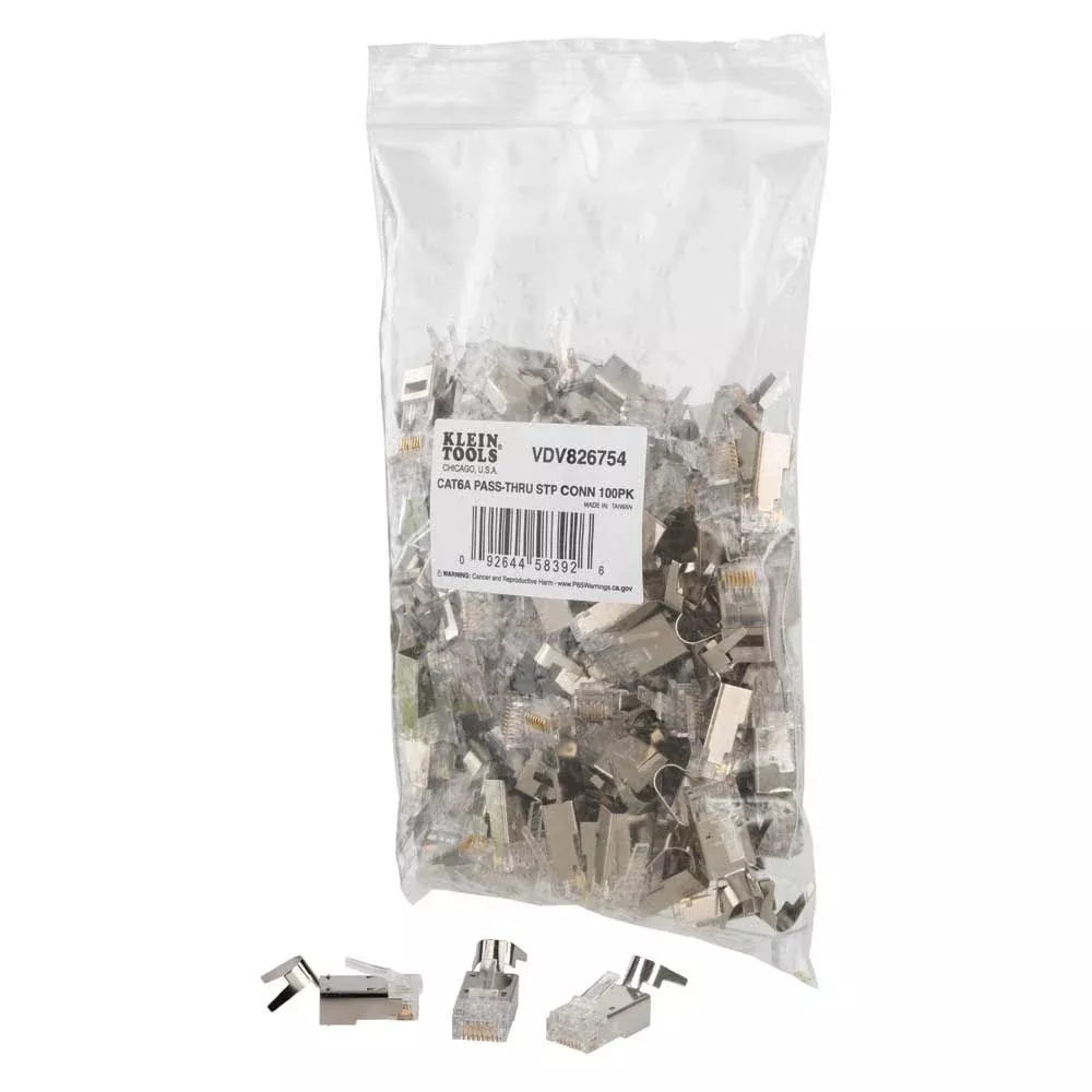 Klein Tools VDV826-754 Pass-Thru™ Modular Data Plug, RJ45-CAT6A, Shielded (STP), 100-Pack