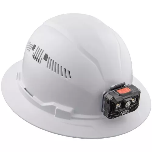 Klein Vented Full Brim Hard Hat with Rechargeable Headlamp - White 60407RL