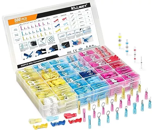 Kuject 500PCS Multipurpose Heat Shrink Wire Connectors Waterproof Electrical Crimp Connector Assortment Kit, Insulated Ring Fork Spade T-Tap Solder Butt Splice Terminal for Automotive Marine Boat
