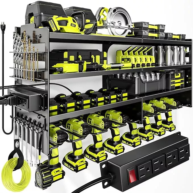 Large Power Tool Organizer Wall Mount with Charging Station,4 Layer Heavy Duty Metal Tool Storage Shelf Loads 600lbs,Battery Utility Rack With 4 Outlet Power Strip with 8 Cordless Drill Holder