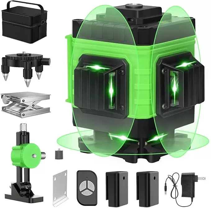 Laser Level, Laser Level 360 Self Leveling, 3x360° Green Cross Line for Construction and Picture Hanging, 3D 12 Lines Laser Level Self Leveling Tool with Rechargeable Battery