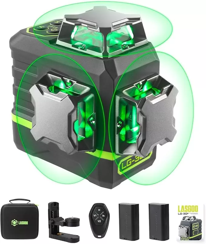 Laser Level Self Leveling 360°x3 Green Cross Line Laser Tool for Construction and Picture Hanging, Remote Control, Professional Magnetic Rotating Stand, 2 Rechargeable Batteries - LG-3Ds