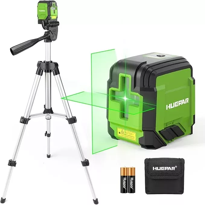 Laser Level with Tripod, HUEPAR 98Ft Self Leveling Laser Level Green Line Laser Cross Line Laser Leveler Tool for Picture Hanging, Tile, Home Renovation, Indoor Project, Battery&Carrying Bag Included