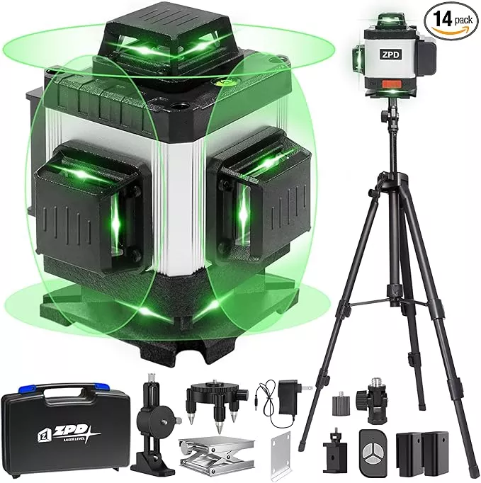 Laser Level, ZPD Laser Level with Tripod, 4 x 360 Self Leveling Laser Measuring Tool Green Lazer Level 16 Line Level Laser 360 Self Leveling for Construction, Home Renovation, Picture Hanging
