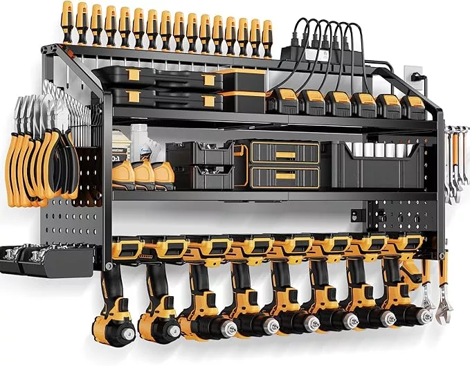 LBT Large Power Tool Organizer Wall Mount with Charging Station, 8 Drill Holder, 4 Layer Heavy Duty Metal Tool Storage Rack, 6 Power Strip, 8 Hooks, 2 Screw Boxes, Cool Gifts for Him Fathers Day