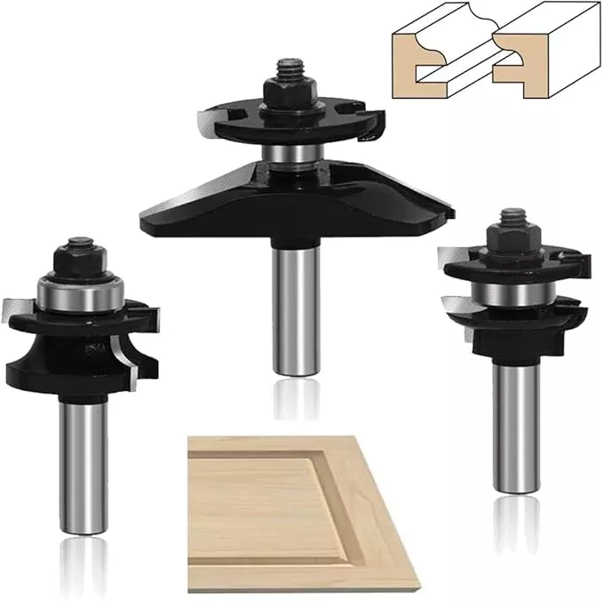 LEATBUY 1/2 Inch Shank Router Bit Set 3 PCS Round Over Raised Panel Cabinet Door Rail and Stile Router Bits, Woodworking Wood Cutter, Wood Groove Tongue Milling Tool(1/2-double)