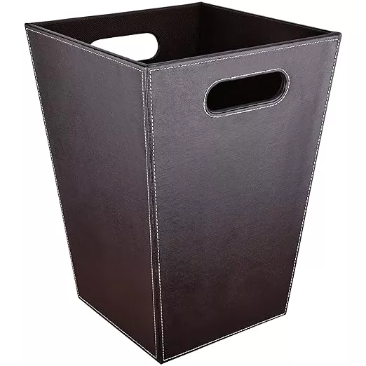 Leather Trash Can Bathroom Wastebasket, 16L/4.2 Gallon Office Garbage Can with Handles for Near Desk, Square Bedroom Waste Basket Bin for Home Dorm Decorative Brown