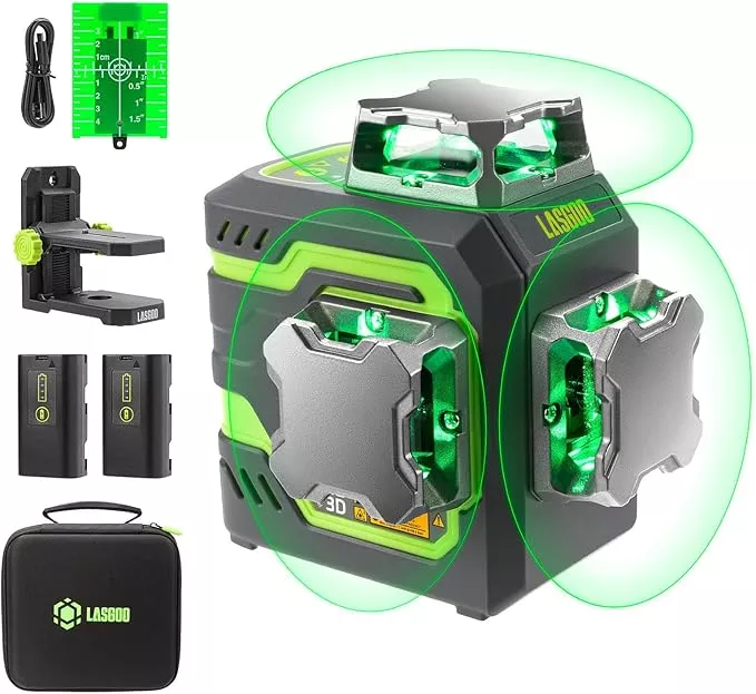 LG-3D Laser Level Self Leveling 3x360°, 3D Green Beam Cross Line Laser for Construction and Picture Hanging, 2 Rechargeable Batteries (20 Hrs), Magnetic Liftable Stand Included, Green