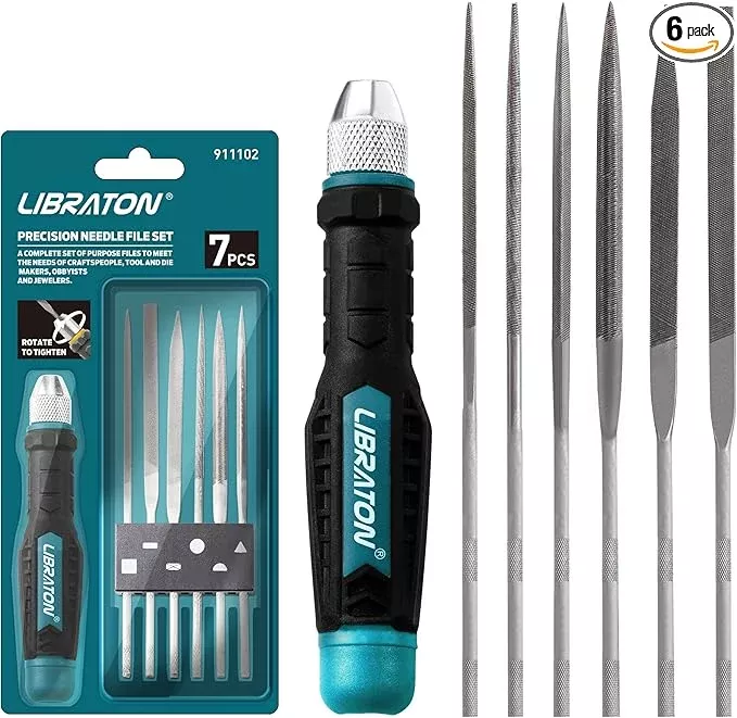 LIBRATON Needle File Set Interchangeable, Small Mini Wood Metal Files, 6PCs Steel With Handle for Precision Work, Woodworking, Plastic Carving, Craft Tool