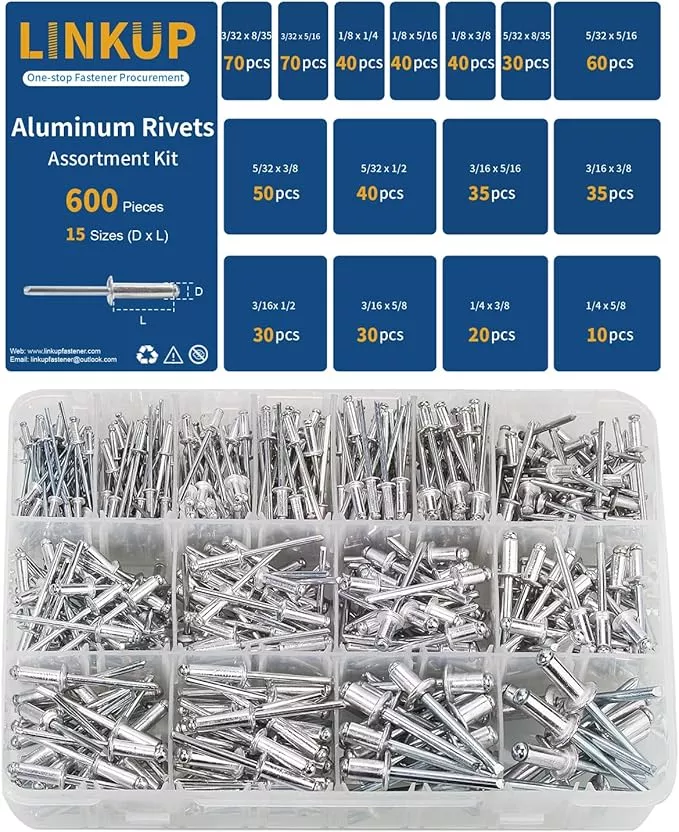 Linkup 600pcs 15 Sizes Pop Rivets Assortment Kit,Aluminum Rivets, Silver pop rivet set including 3/32" 1/8" 5/32" 3/16" 1/4" blind rivets for metal Dome Head rivet kit