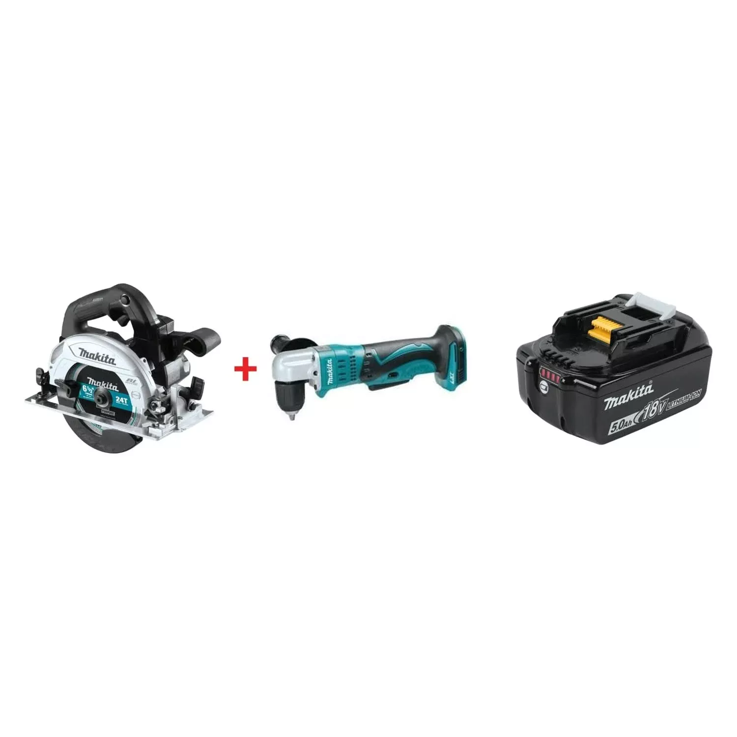 Makita 18V LXT Sub-Compact Brushless 6-1/2" Circular Saw w/ 18V LXT 3/8" Angle Drill & 18V LXT 5.0Ah Battery