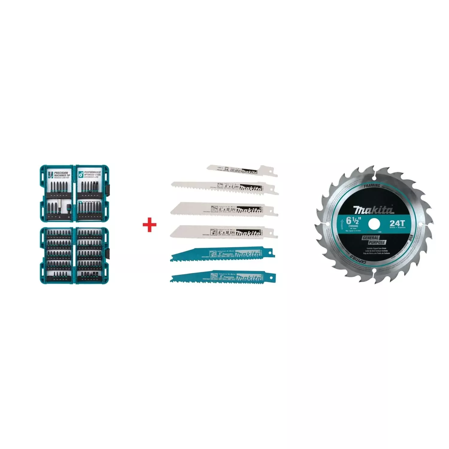 Makita ImpactX 100 Pc. Driver Bit Set with 6 Pc. Recip Blade Assortment Pack and 6-1/2" 24T Carbide-Tipped Circular Saw Blade