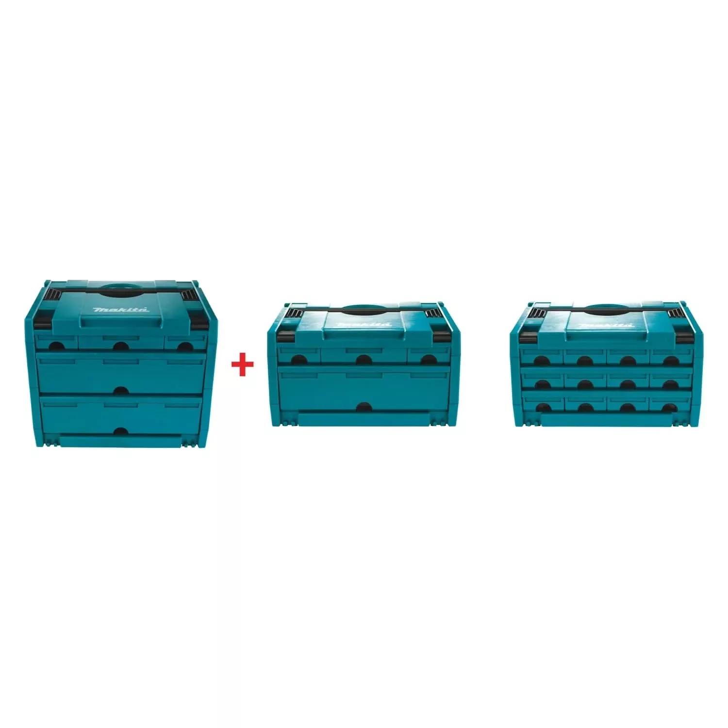Makita MAKPAC 5 Drawer Interlocking Case, 12-1/2" x 15-1/2" x 11-5/8" plus MAKPAC 4 Drawer Interlocking Case, 8-1/2" x 15-1/2" x 11-5/8" and MAKPAC 12 Drawer Interlocking Case, 8-1/2" x 15-1/2" x 11-5/8"