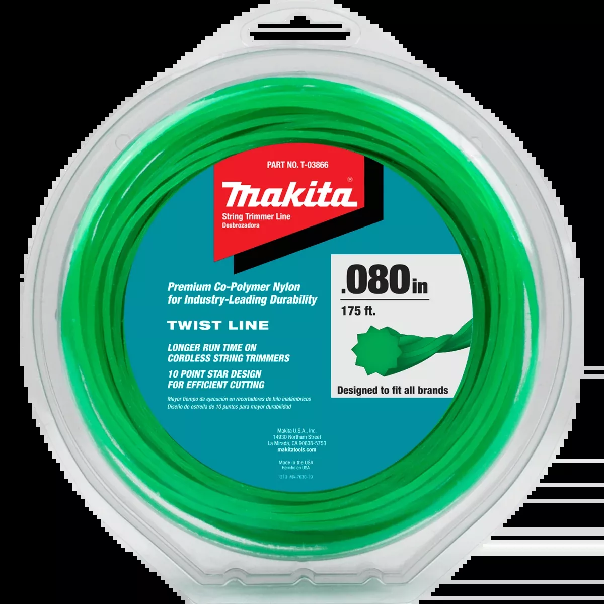 MAKITA Twisted Trimmer Line, 0.080”, Green, 175’, 1/2 lbs.