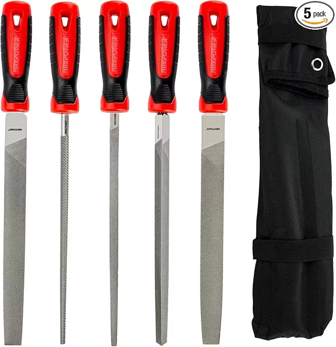MAXPOWER 10-inch Metal File Set, 5 Pieces Hand Files Including Flat, Round, Half-Round, Triangle and Square, Soft Grip Handle, File Set for Wood, Metal Work and DIY