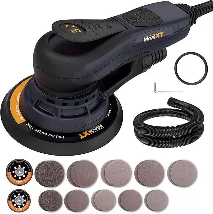 MAXXT Electric 5mm Random Orbital Sander, Palm Sander with Brushless Motor, 5&6Inch Sanding Pads, Central Vacuum, Sanders for Woodworking, Primary Wood and Panel Processing(Orange)