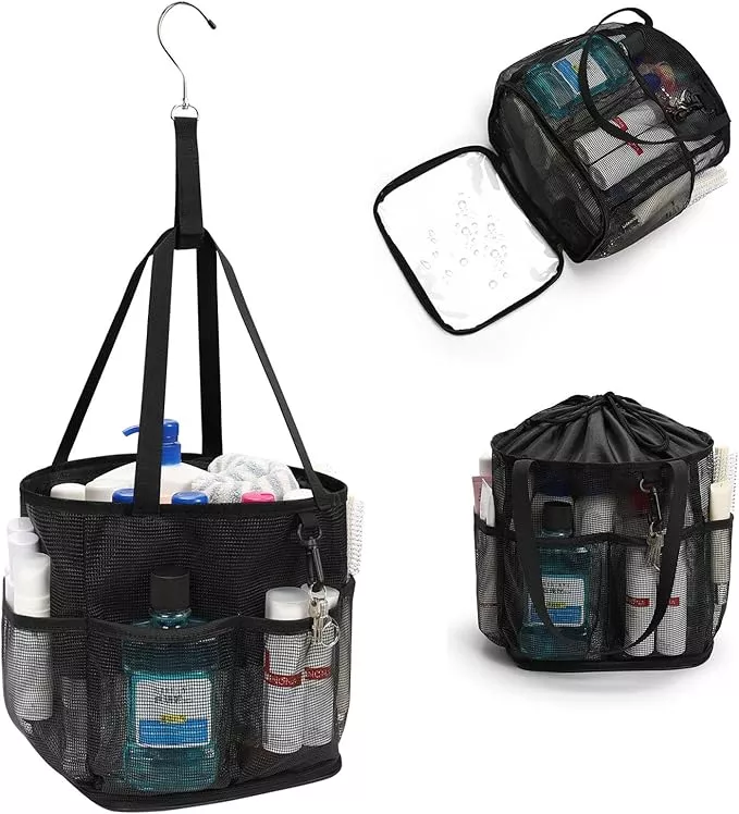 Mesh Shower Caddy Portable for College Dorm Room Essentials, Shower Tote Bag with Hanging Hook and Drawstring, Quick Dry Toiletry Bag with 6 Pockets for Bathroom, Swimming, Gym, Camping, Beach, Travel
