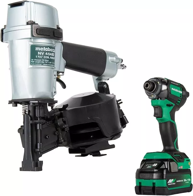 Metabo HPT Pneumatic Roofing Nailer + 18V Impact Driver Pro Bundle Kit, 1-3/4-Inch Coil Roofing Nailer with BONUS 18V Triple Hammer Impact Driver Kit, KNV45AB2