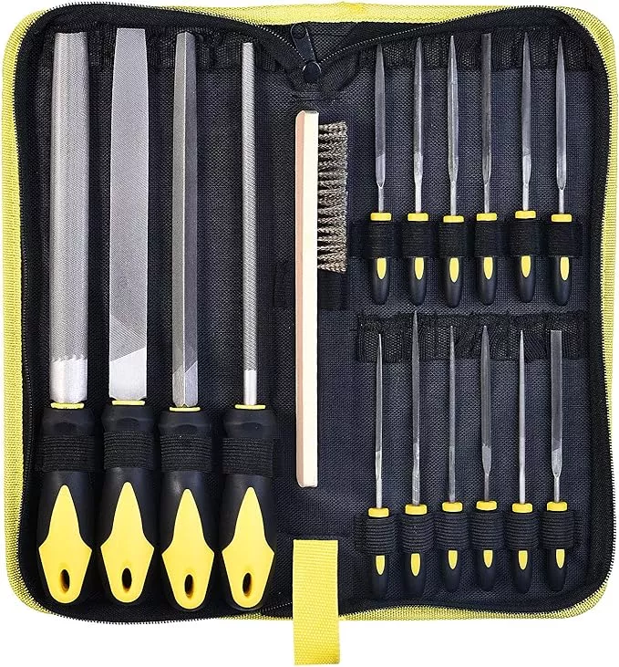 Metal File Set, Large Flat File/Half-Round File/Triangle File/Round File and 12 pcs Needle Files with Storage Bag and Steel Brush for Woodwork, Metal, Leather and Plastic