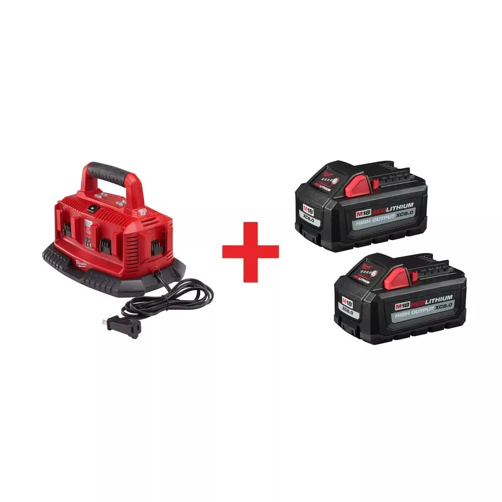 Milwaukee 6 Bay Charger with M18 REDLITHIUM HIGH OUTPUT XC 6.0Ah Battery 2-Pack