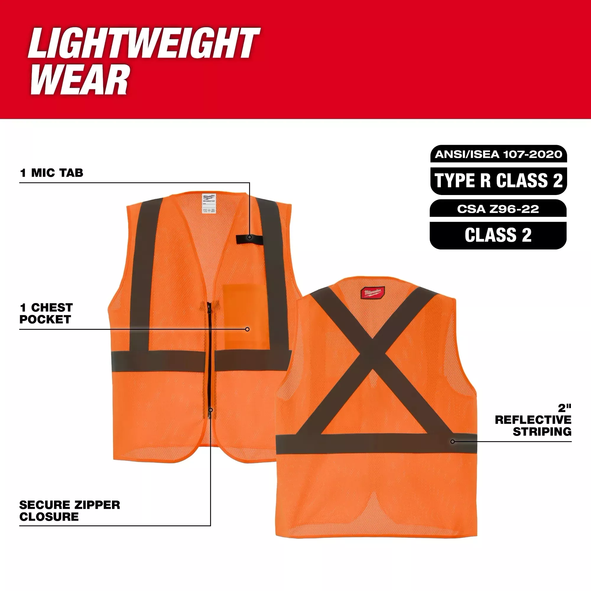 Milwaukee Class 2 High Visibility OrangeMesh One Pocket Safety Vest - 4X/5X-CSA