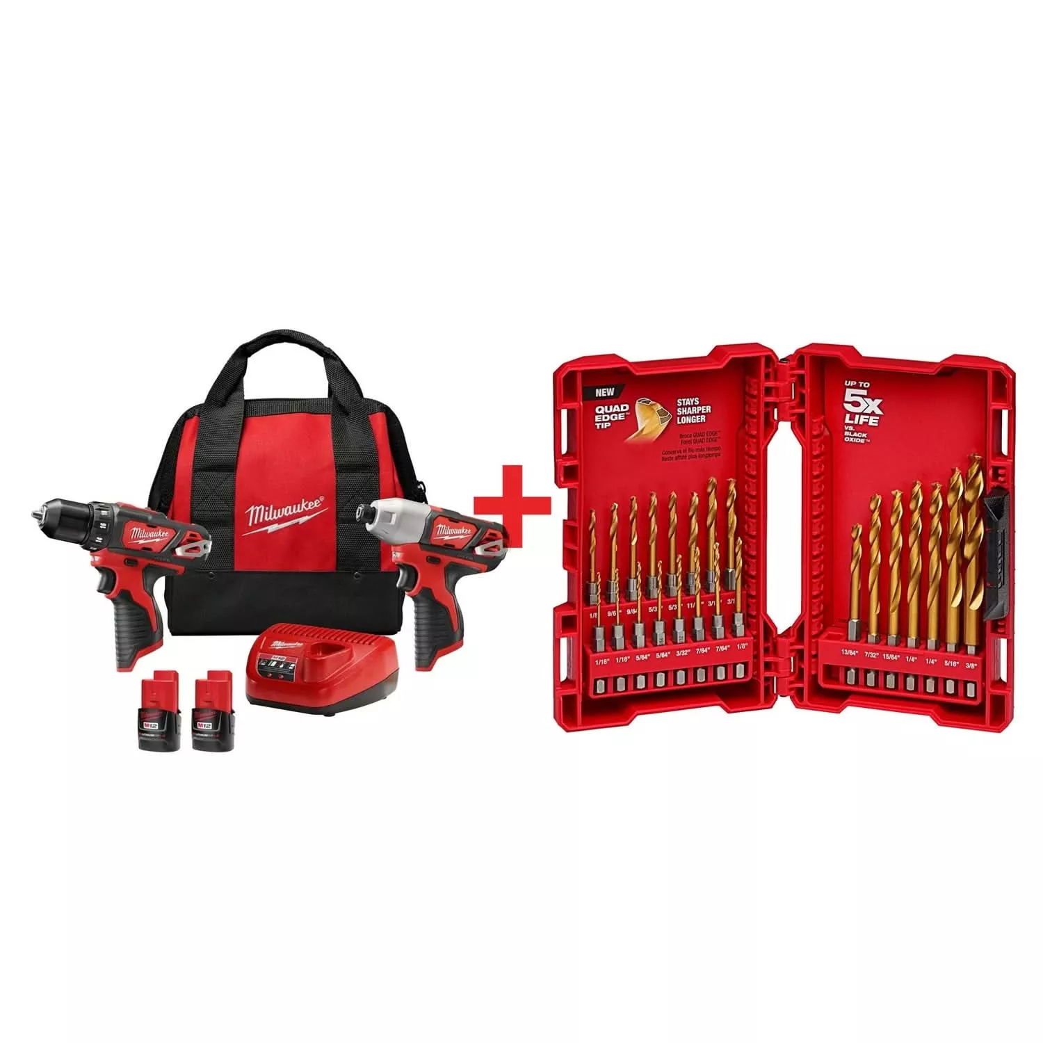 Milwaukee M12 Cordless 2-Tool Combo 1.5Ah Kit with SHOCKWAVE RED HELIX Titanium 23-Piece Drill Bit Set