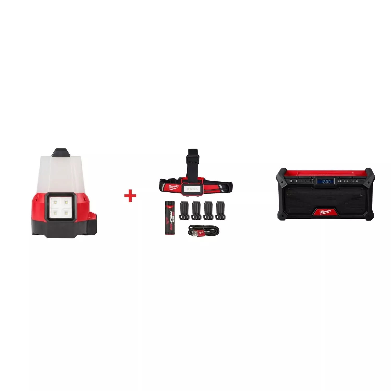 Milwaukee M18 RADIUS Site Light (FM) & Low Profile USB Headlamp Set with M18 Bluetooth Jobsite Radio