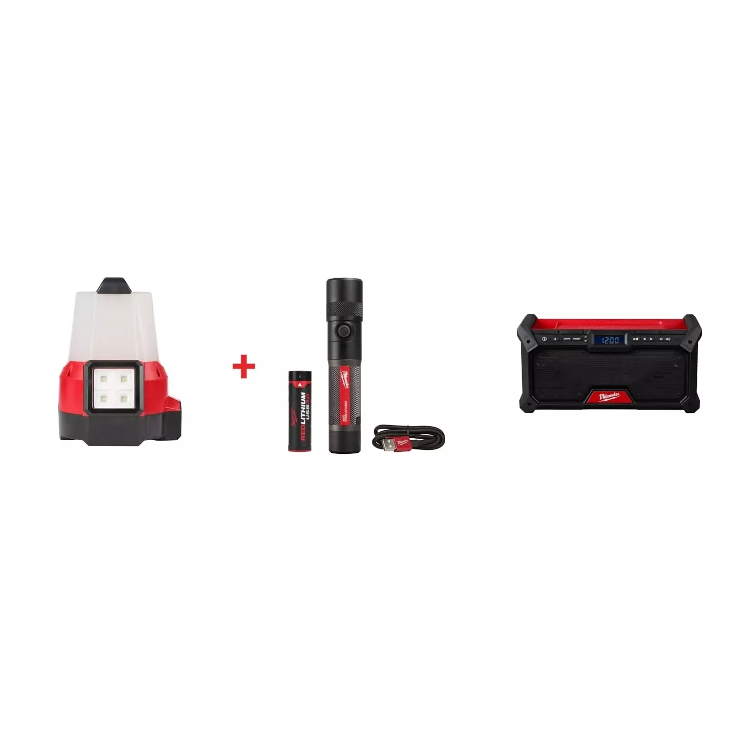 Milwaukee M18 RADIUS Site Light (FM) & Twist Focus USB Flashlight Set with M18 Bluetooth Jobsite Radio