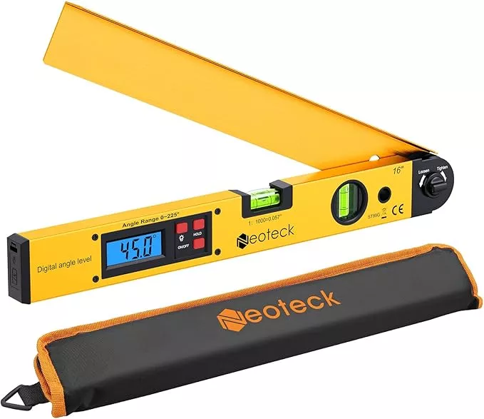 Neoteck 225° 16 inch Digital Angle Finder Aluminum Protractor with LCD Backlight Digital Angle Measuring Tool with Horizontal and Vertical Bubble for Woodworking, Construction, Machinery - Golden