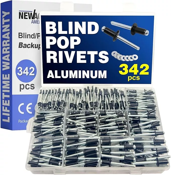 New Age America 342pcs Blind Pop Rivets & Backup Washers | 3/32" to 1/4" | Black | 14 Sizes | SAE Size Aluminum Rivets & 304 Stainless Steel Backup Washers | Rivet Kit w Steel Mandrel | Labelled Case