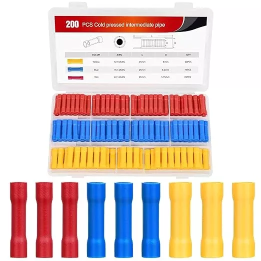 Nilight 200PCS Electrical Butt Connectors AWG 22-10 Insulated Wire Crimp Connector Splice Blue Red Yellow for Automotive Marine Wiring