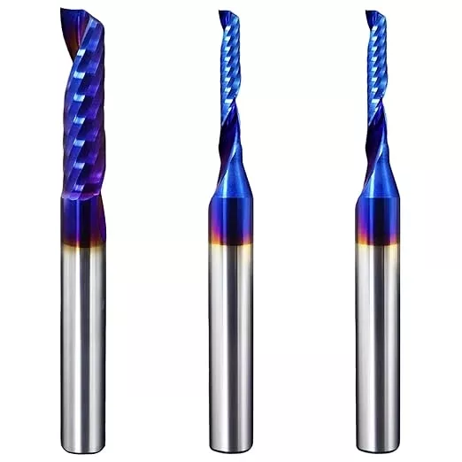 O-Flute Spiral Router Bit Set, 1/4 Inch Shank, Nano-Coated Solid Carbide CNC Router Bits for Aluminum, Plastic, Acrylic, Metal, Wood, MDF (2pcs 1/8"+1pcs 1/4")