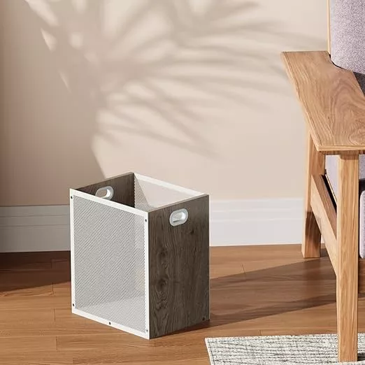 Office Trash Can, Rectangular Kitchen Garbage Can, Iron and Wood Combination Bathroom Trash Can, Modern Design Wastebasket Bin for Bathroom, Laundry Room, Kitchen, Kids' Room, Dorm(4.5 Gallon)