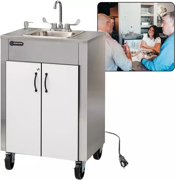 Ozark River Portable Sinks Elite LS1, Free Standing Portable Concession Sink, Commercial Restaurant Portable Sink with Hot Water, Stainless Food Service Sink, White Doors-Black Edges