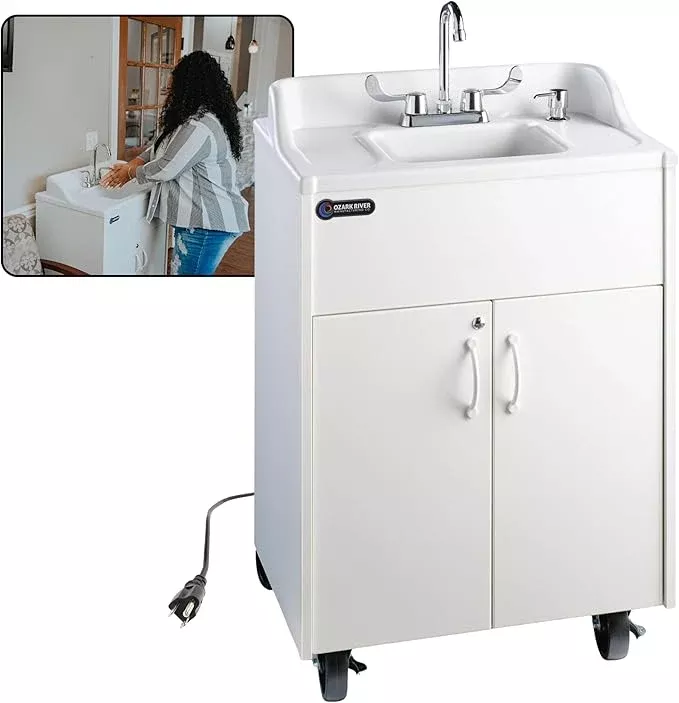 Ozark River Portable Sinks Premier Brite White, White Laminate-ABS Sink, Mobile Self Contained Sink, Mobile Hand Washing Station, Portable Sink with Hot Water, Portable Sink Hand Wash Station, 110V