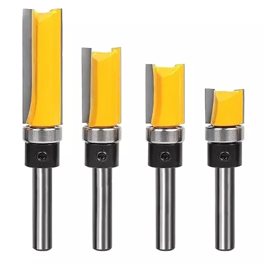 Pattern Flush Trim Bit 4 Pcs Router Bits,Top Bearing Flush Trim Bits Set,1/4 Inch Shank ,Cutting Length 1/2", 3/4", 1", 1-1/2",Template Guide Woodworking Milling Cutter Tool