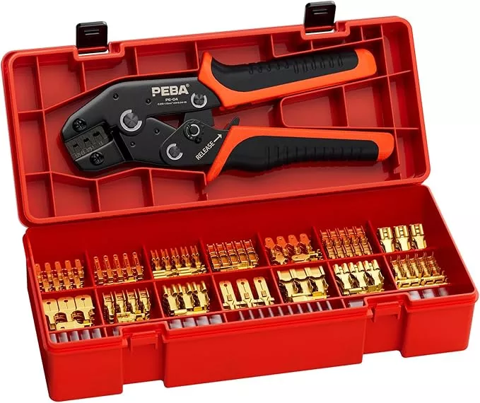 PEBA Spade Terminal Crimping Tool Kit, AWG 24-14 Crimper for Quick Disconnect Male & Female Non-Insulated Terminals 0.110"-0.250", 14 Types Spade Connector Kit - Speaker Terminals Crimping Tool