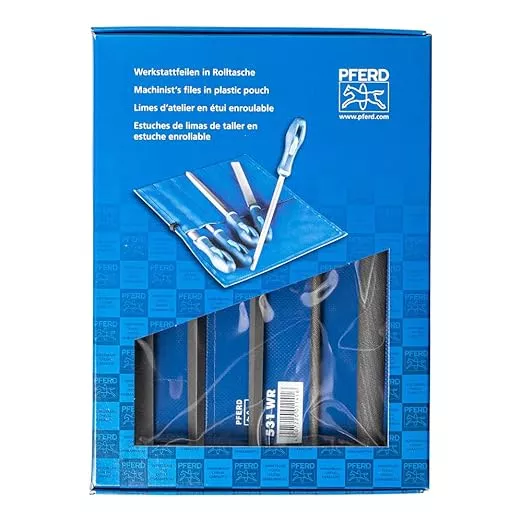 PFERD 5-Piece 8" Machinist File Set – Bastard Coarse Cut – With Ergonomic Handles & Plastic Pouch – For Universal Roughing & Finishing – Part 16078