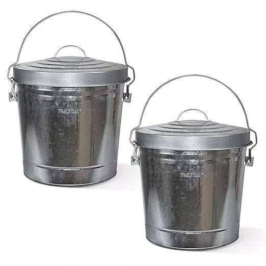 Plexon Metal Trash Can with Locking Lid Outdoor Storage Bucket for Bird Seed Ash 6-Gallon Galvanized Steel 6 Pack
