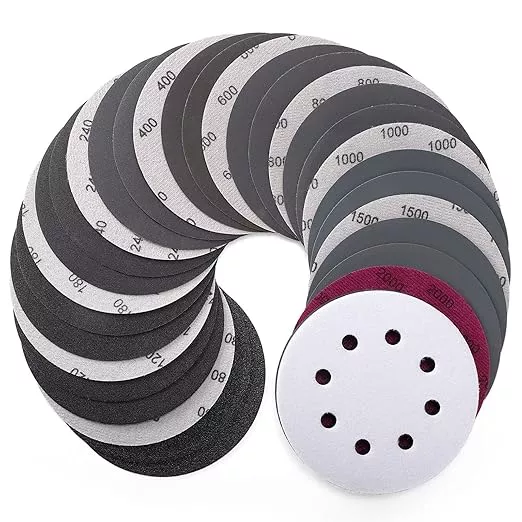 POLIWELL 5 Inch Sanding Discs 8-Hole Hook and Loop Sandpaper Wet Dry Sanding Sheets 80 to 2000 Assortment Grits 50 Pack with 5” Interface Pad for Random Orbital Sander Automotive Wood Metal Plastic