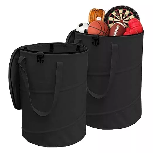 Pop up Camping Trash can with lid, 2-Pack Collapsible 24 Gallons Trash can with Sorting Clips, Garden Garbage Bag with Lid, Lawn and Leaf Bags - Reusable Yard Waste Bags (2Pcs-Black)