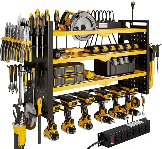 Power Tool Organizer Wall Mount with Charging Station 4 Layer 6 Slot Cordless Drill Holder with Angle Grinder Holder (Red)