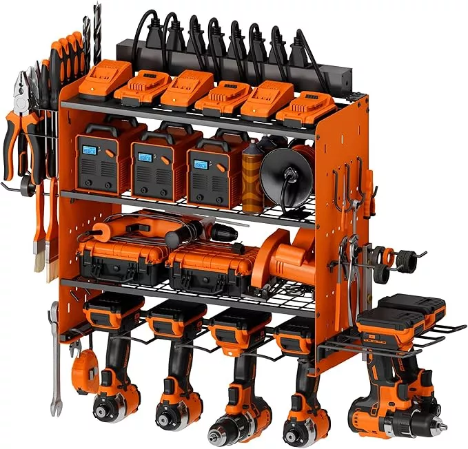 Power Tool Organizer with Charging Station, 4 Layers Garage Storage Rack with 6 Drill Holders, Father's Days Gift For Dad, Wall Mount Garage Organizer Built in 8 Outlets Power Strip, Yellow