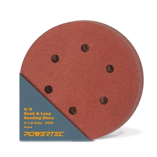 POWERTEC 40 Grit, 25 Pack, 6 Inch Sanding Discs – Hook and Loop, 6-Hole Aluminum Oxide Orbital Sander Pads, Woodworking & Paint Round Sandpaper for Random Orbital, Air, Pneumatic & DA Sanders (45204)